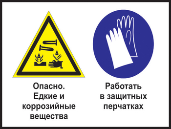 Кз 64 опасно - едкие и коррозийные вещества. работать в защитных перчатках. (пластик, 600х400 мм) - Знаки безопасности - Комбинированные знаки безопасности - Магазин охраны труда ИЗО Стиль