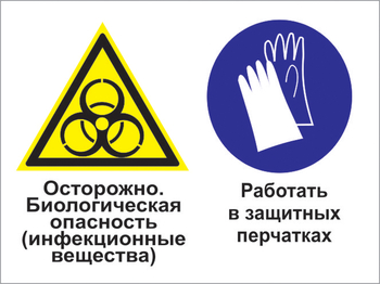 Кз 73 осторожно - биологическая опасность (инфекционные вещества). работать в защитных перчатках. (пластик, 400х300 мм) - Знаки безопасности - Комбинированные знаки безопасности - Магазин охраны труда ИЗО Стиль